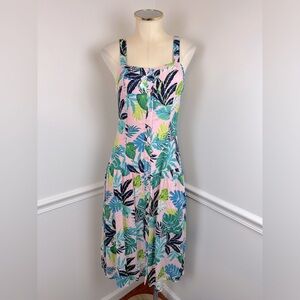 LE LIS Pink & Green Tropical Leaf Button Front Drop Waist Dress NWT | Size Small